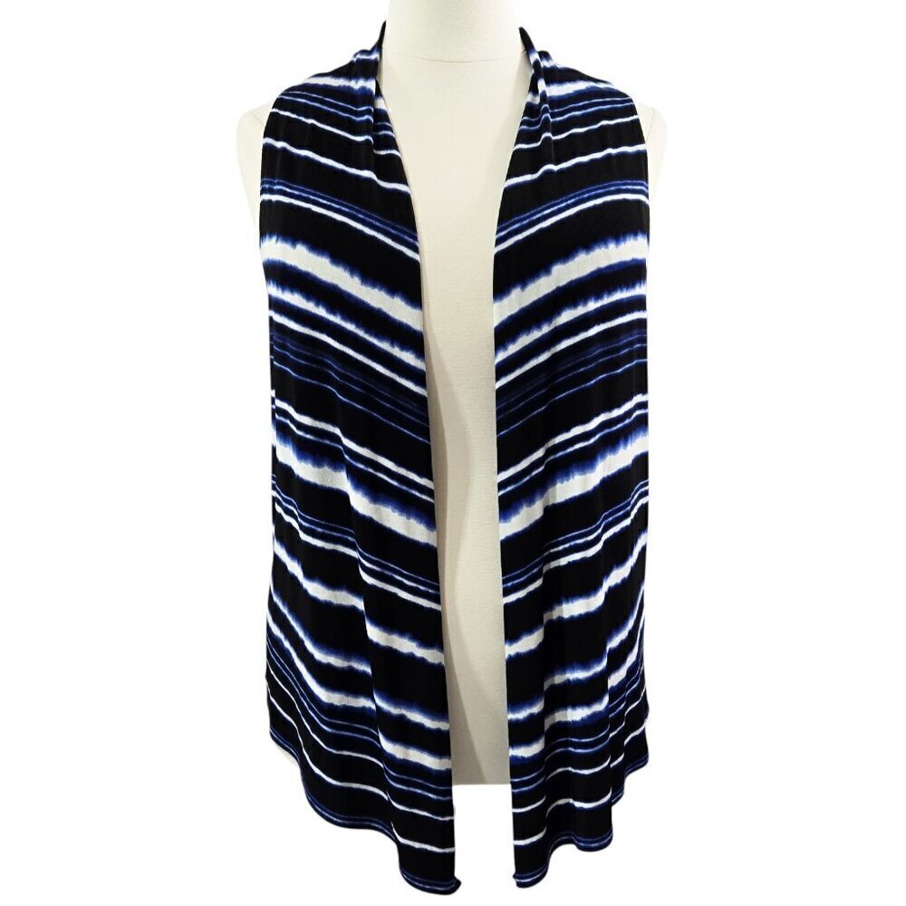 Chico's Travelers Black Blue White Stripe Slinky Knit Open Front Vest Beach Boho